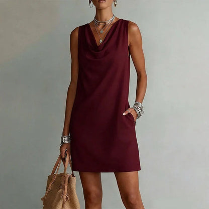 ⏳Time-Limited Special⏰Elegant Slim Fit Cowl Neck Dress – Sleeveless, Side Pockets, Versatile ✨