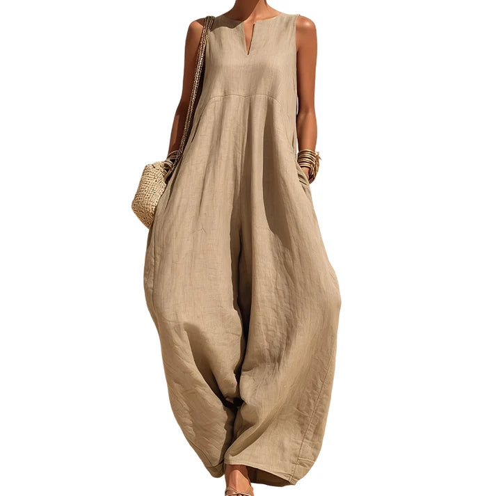 Women's Sleeveless V-Neck Wide-Leg Jumpsuit with Pockets