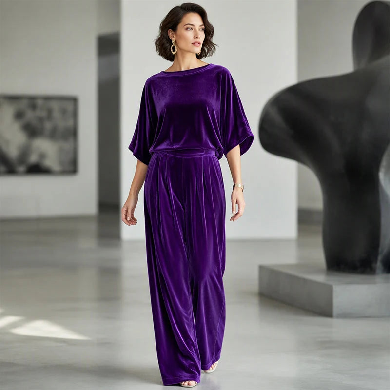 Women's Velvet Half Sleeve Top & Wide-Leg Pants Set