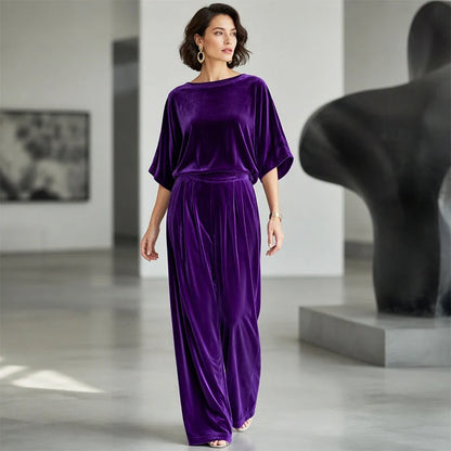 Women's Velvet Half Sleeve Top & Wide-Leg Pants Set
