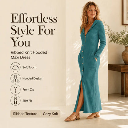 👗Hooded & Slimming, Maxi Length✨ Women's Ribbed Knit Maxi Dress – Flattering Fit, Versatile Style ✨