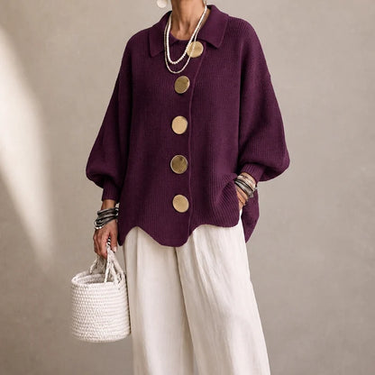 Women's Ribbed Cardigan | Oversized Knit | Gold Buttons, Relaxed Fit