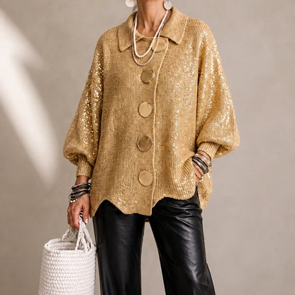 Women's Ribbed Cardigan | Oversized Knit | Gold Buttons, Relaxed Fit