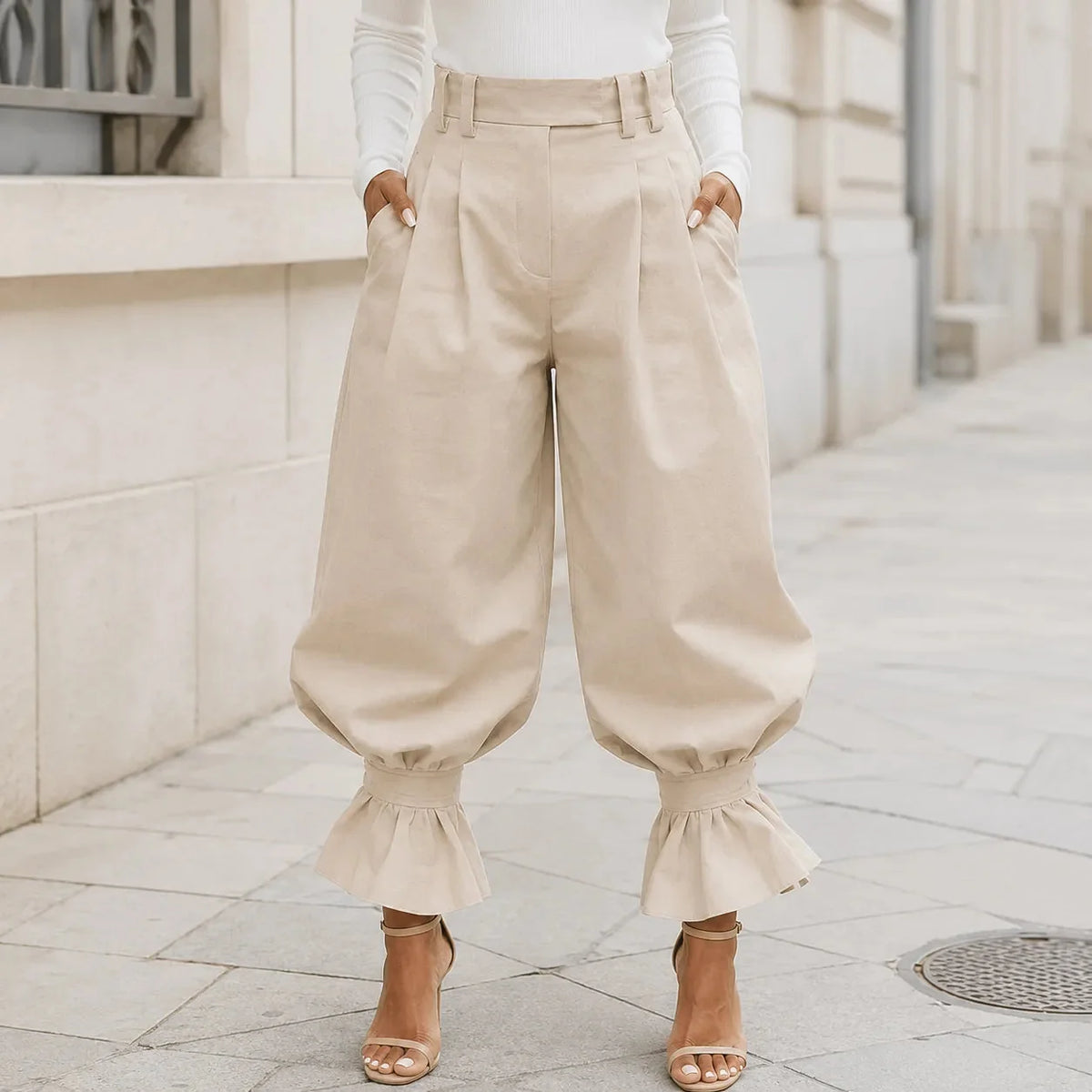 High Waist Pleated Lantern Pants with Ruffled Cuff