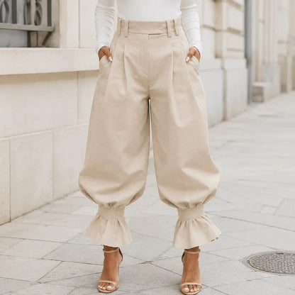High Waist Pleated Lantern Pants with Ruffled Cuff