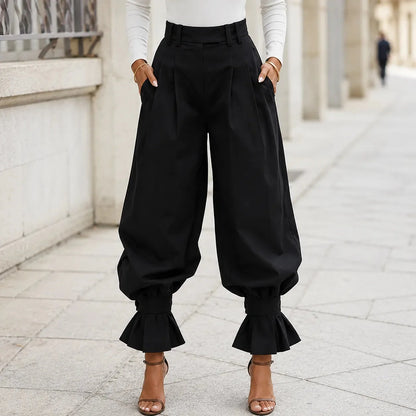 High Waist Pleated Lantern Pants with Ruffled Cuff