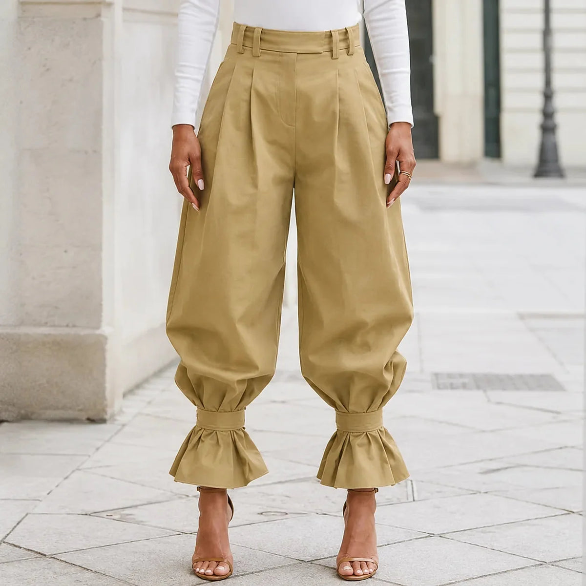 High Waist Pleated Lantern Pants with Ruffled Cuff