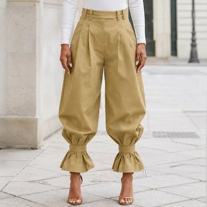 High Waist Pleated Lantern Pants with Ruffled Cuff