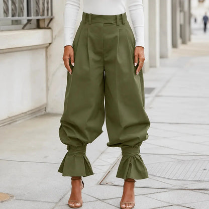 High Waist Pleated Lantern Pants with Ruffled Cuff