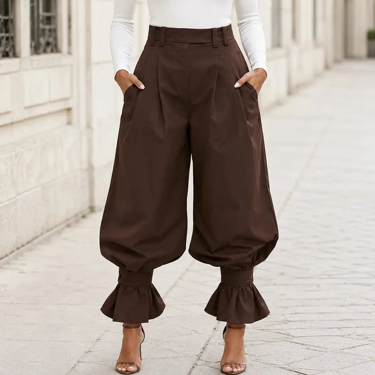 High Waist Pleated Lantern Pants with Ruffled Cuff