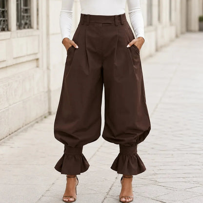 High Waist Pleated Lantern Pants with Ruffled Cuff