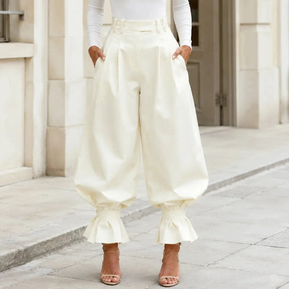 High Waist Pleated Lantern Pants with Ruffled Cuff