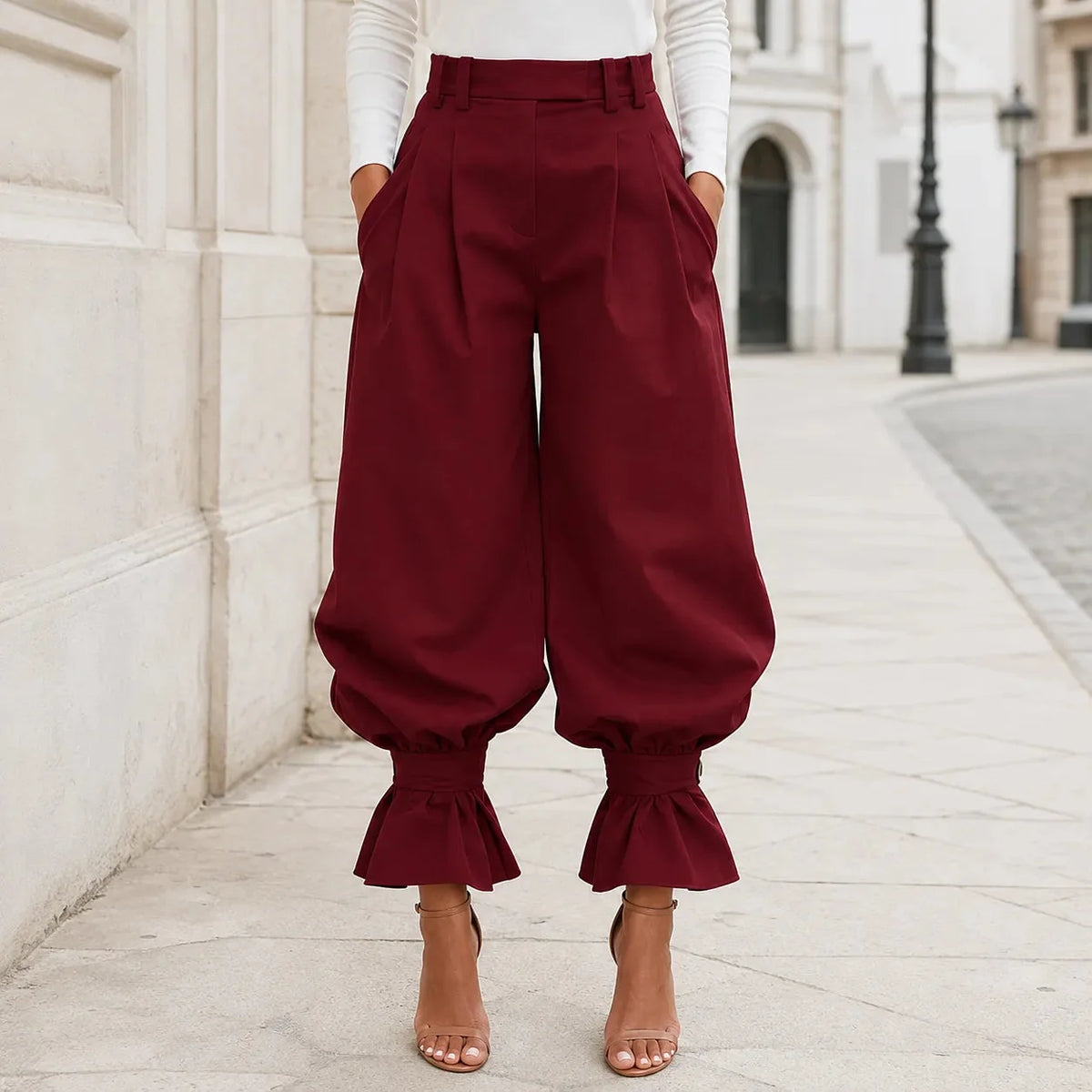 High Waist Pleated Lantern Pants with Ruffled Cuff