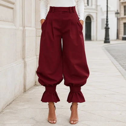 High Waist Pleated Lantern Pants with Ruffled Cuff